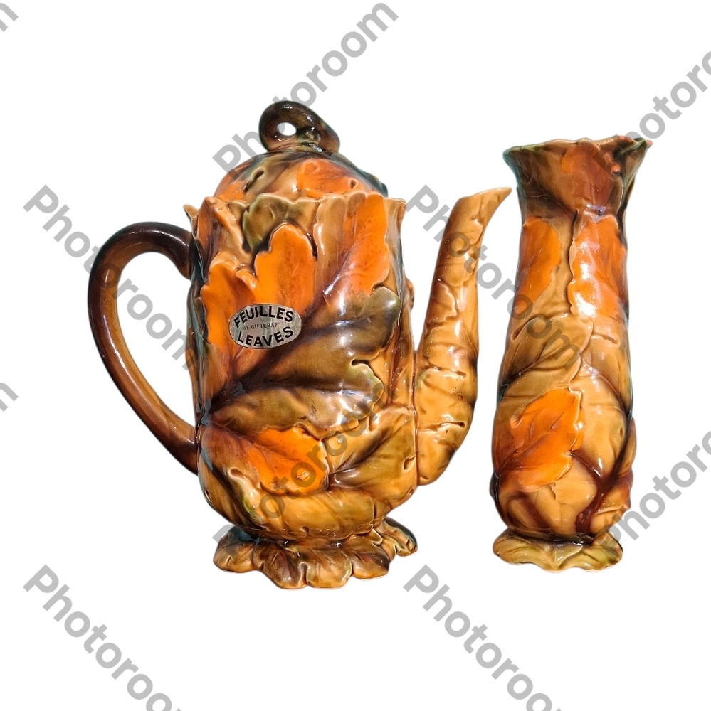 Feuilles Leaves Orange and Brown Ceramic Teapot and Vase Set